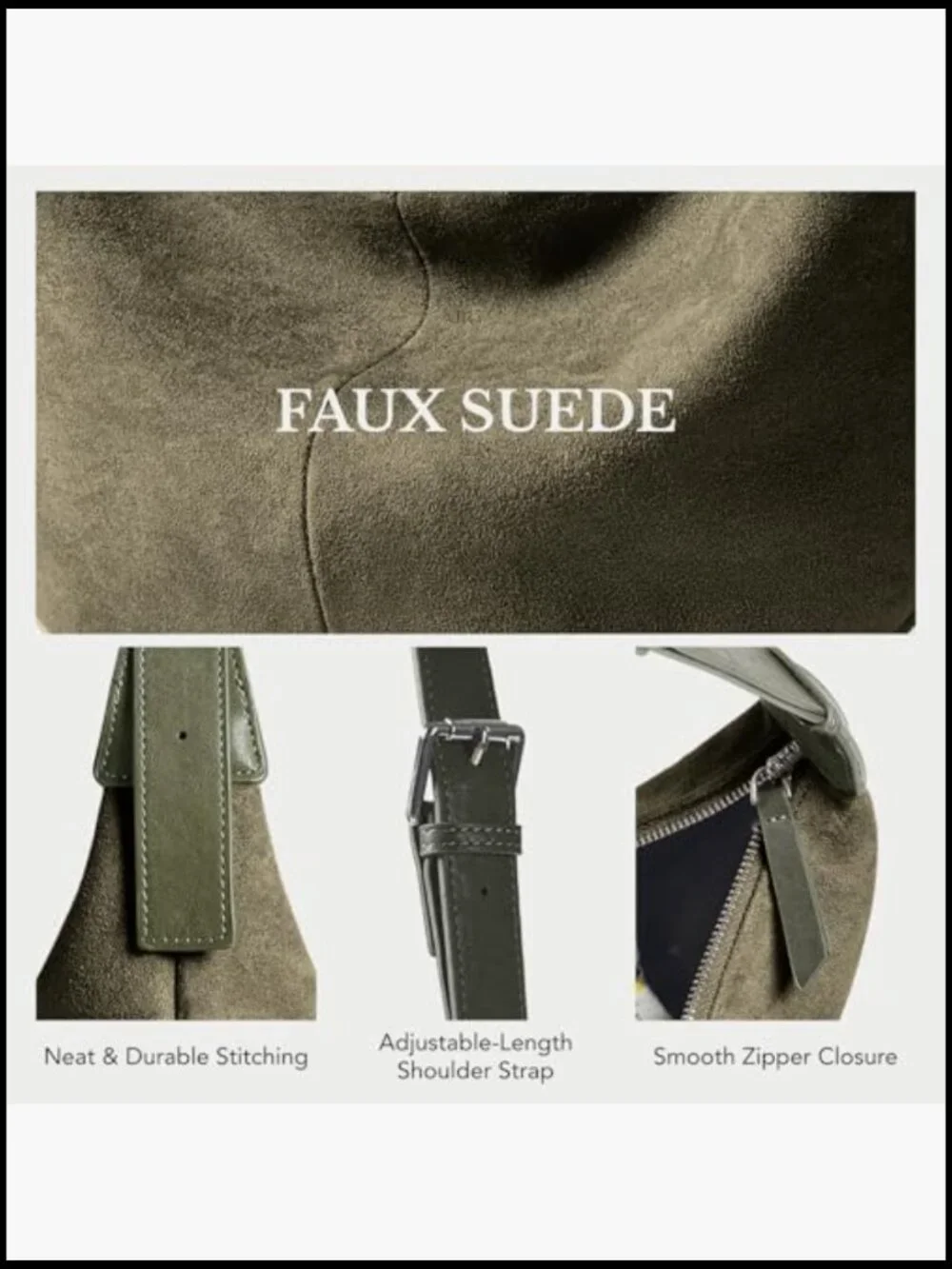 Faux Suede Crescent Hobo Crossbody Bag with Zipper Closure - Picture 3 of 7